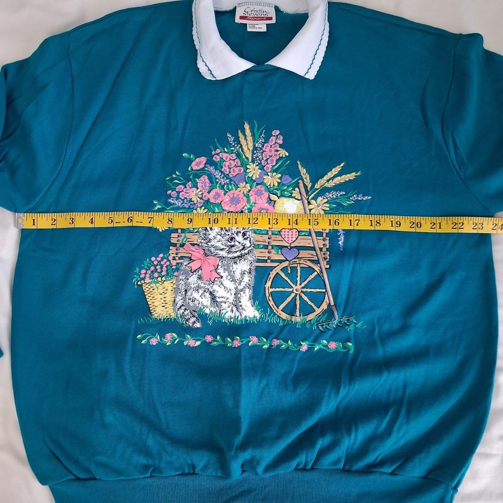 Vtg 90s Floral Cats Grandma Collared Sweatshirt Large L Womens Teal Bow Detail - Picture 4 of 14